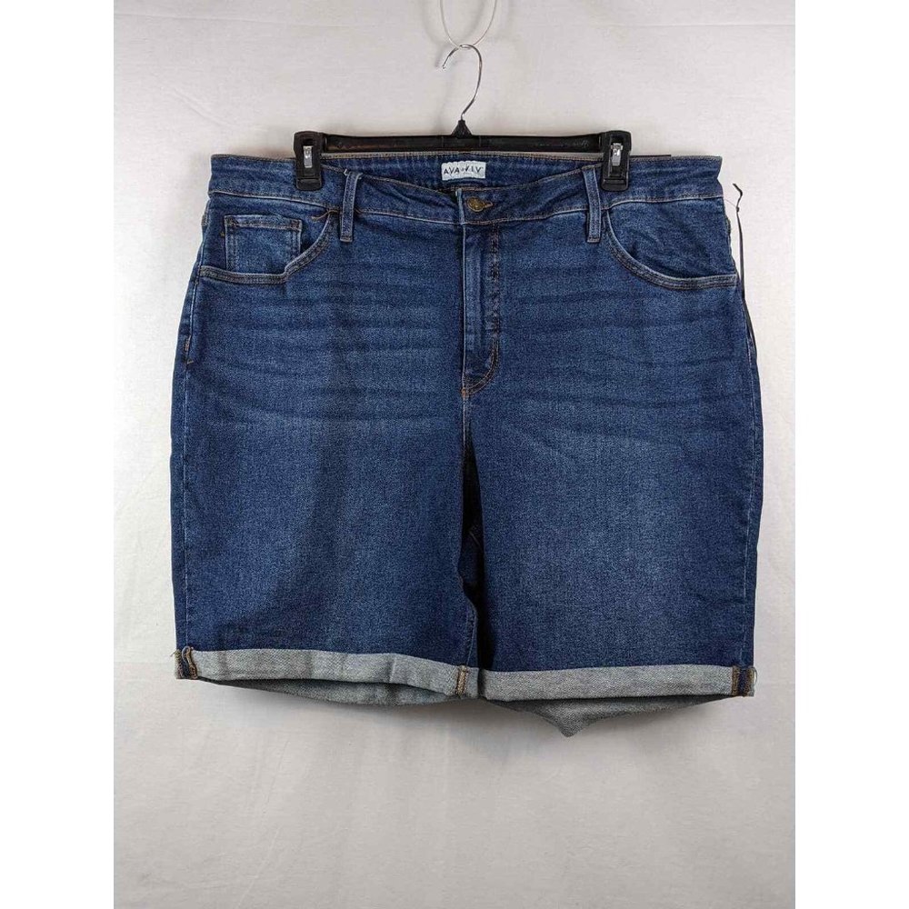 Womens Plus Roll Cuff Bermuda Jean Shorts Ava & Viv Dark Wash 24W High Rise Long - Picture 2 of 9